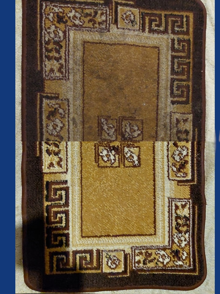 Dywan z geometrycznym wzorem, widoczna różnica w kolorze i czystości między górną (przed) a dolną (po) połową.