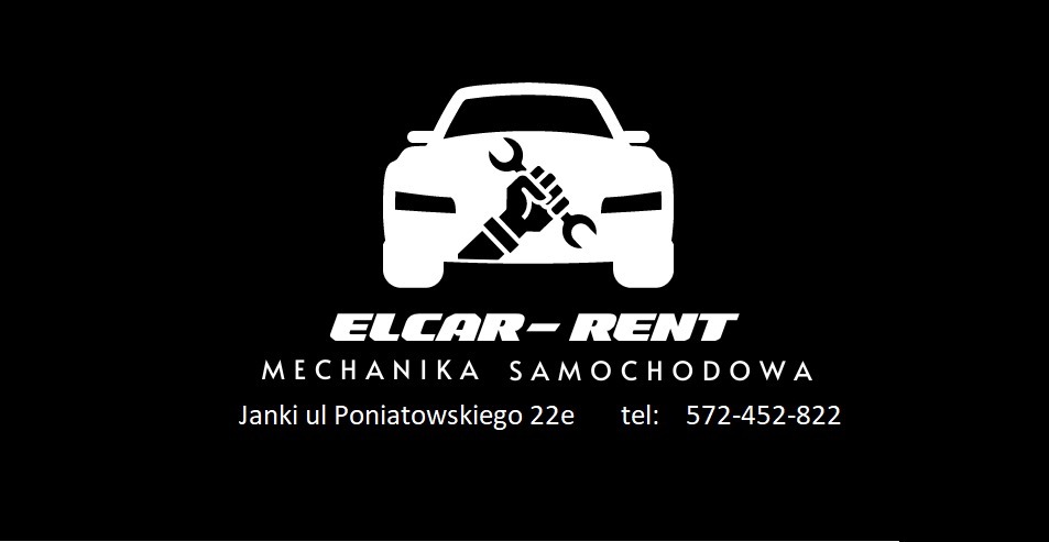 Czarno-białe logo firmy Elcar-Rent z adresem i numerem telefonu, przedstawiające stylizowany samochód z ręką trzymającą klucz francuski.