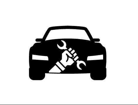 Czarno-biała grafika przedstawiająca sylwetkę samochodu z ręką trzymającą klucz francuski na masce.