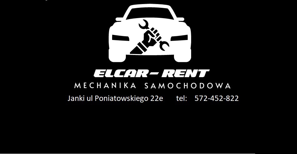 Czarno-białe logo firmy ELCAR-RENT z sylwetką samochodu i ręką trzymającą klucze, informacja o mechanice samochodowej, adres i numer telefonu.