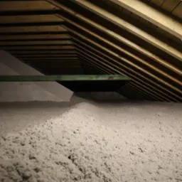 Poddasze z drewnianą konstrukcją dachu wypełnione szarą wełną izolacyjną, widoczny fragment ściany z bloczków betonowych i zielona belka nośna.