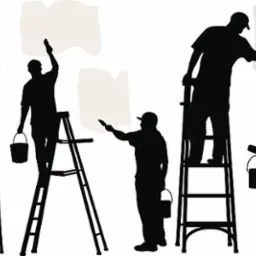 Silhouettes of five painters on ladders, applying paint to walls with rollers and brushes, depicting various stages of the task.