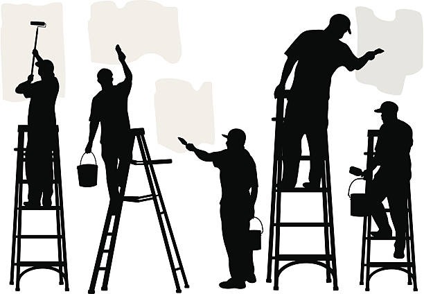 Silhouettes of five painters on ladders, applying paint to walls with rollers and brushes, depicting various stages of the task.