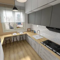 Kuchnia w nowoczesnym stylu w bloku z wielkiej płyty. Metraż ok. 9m²