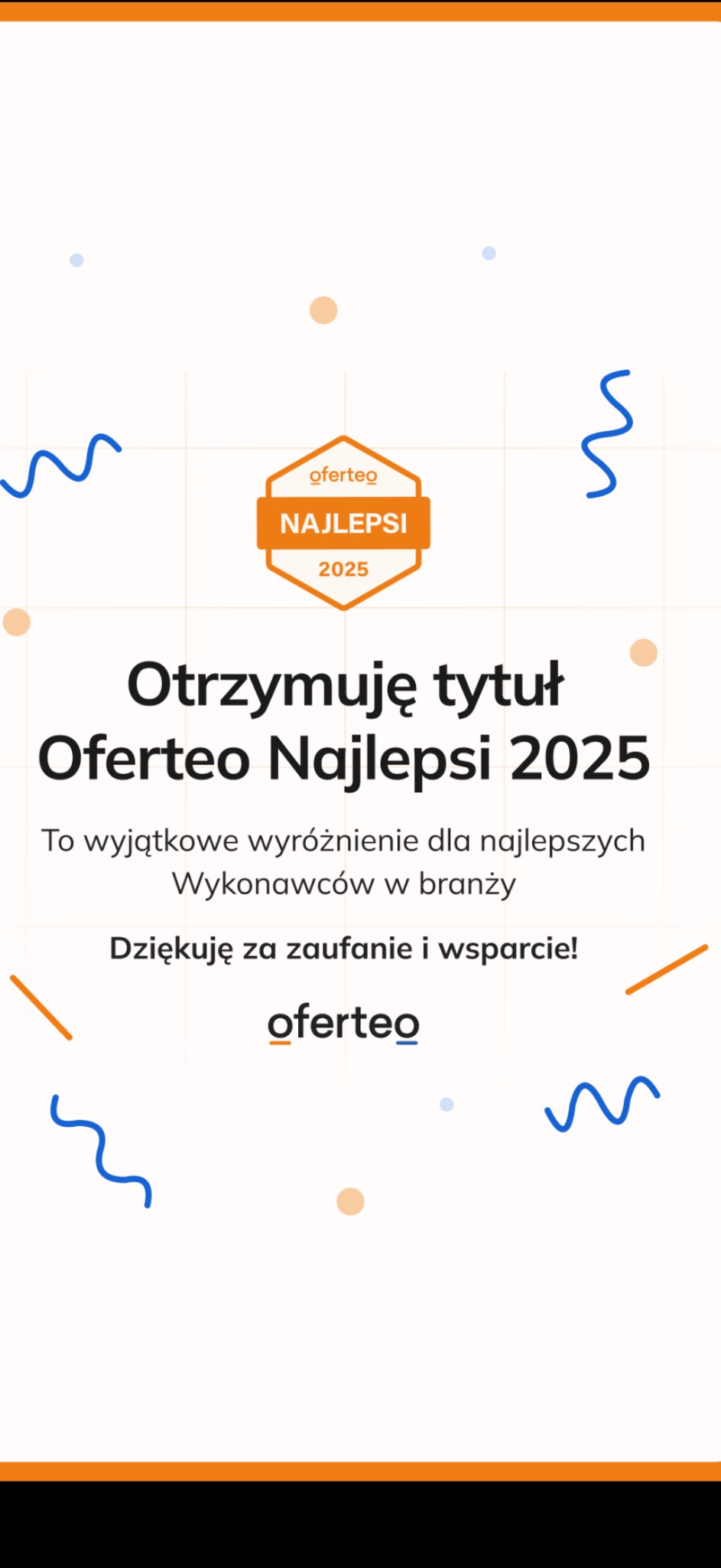 Grafika z tytułem Oferteo Najlepsi 2025 dla wykonawców w Żorach. Wyjątkowe wyróżnienie za zaufanie i wsparcie. Logo Oferteo na pomarańczowym tle z niebieskimi elementami.