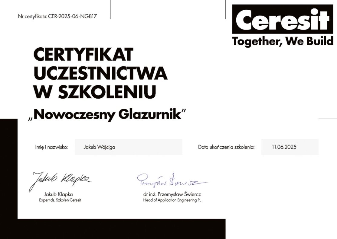 Certyfikat uczestnictwa w szkoleniu 'Nowoczesny Glazurnik' marki Ceresit, wystawiony dla Jakuba Wójcigi, z datą ukończenia 11.06.2025. Sygnatury ekspertów.
