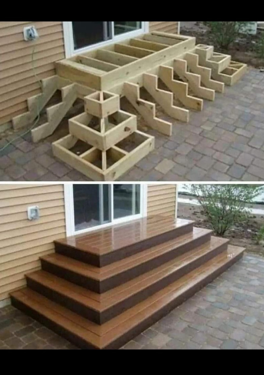 Porównanie: drewniana konstrukcja schodów tarasowych przed i po wykończeniu, ukazująca etapy budowy i efekt końcowy z lśniącą, brązową powierzchnią.