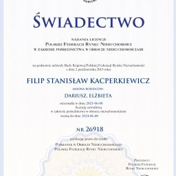 Świadectwo nadania licencji Polskiej Federacji Rynku Nieruchomości i zakresie pośrednictwa w obrocie nieruchomościami