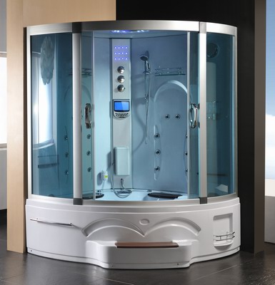 Nowoczesna kabina prysznicowa z hydromasażem i panelem sterowania, oświetleniem LED i wbudowanym siedziskiem, widoczna w narożniku łazienki.