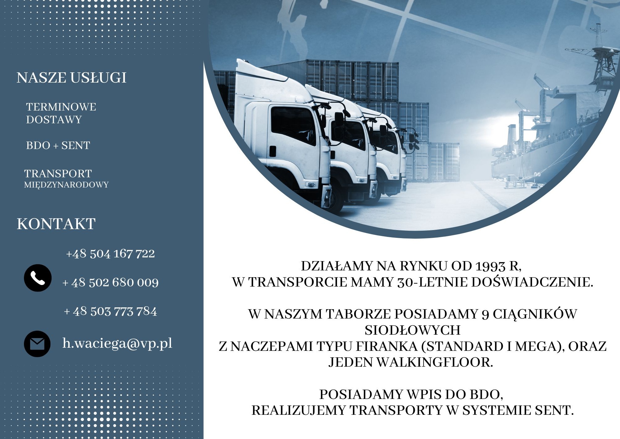 Grafika reklamowa firmy transportowej: trzy białe ciągniki siodłowe z naczepami w tle, kontenery i statek w porcie, informacje kontaktowe i opis działalności firmy.