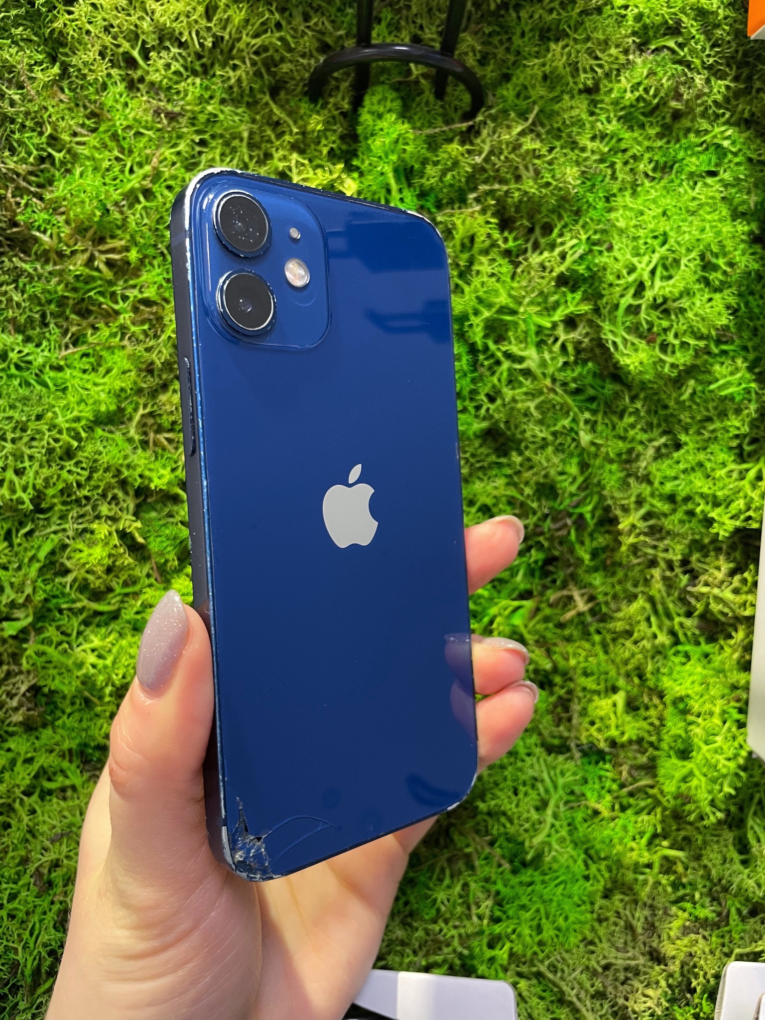 Uszkodzony, granatowy smartfon z widocznym pęknięciem obudowy w rogu, trzymany w dłoni na tle zielonego mchu.