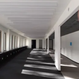 Przestronne, jasne wnętrze biurowe z czarną wykładziną i rzędami okien, oświetlone promieniami słońca tworzącymi geometryczne wzory na podłodze, z charakterystycznym, kasetonowym sufitem akustycznym.