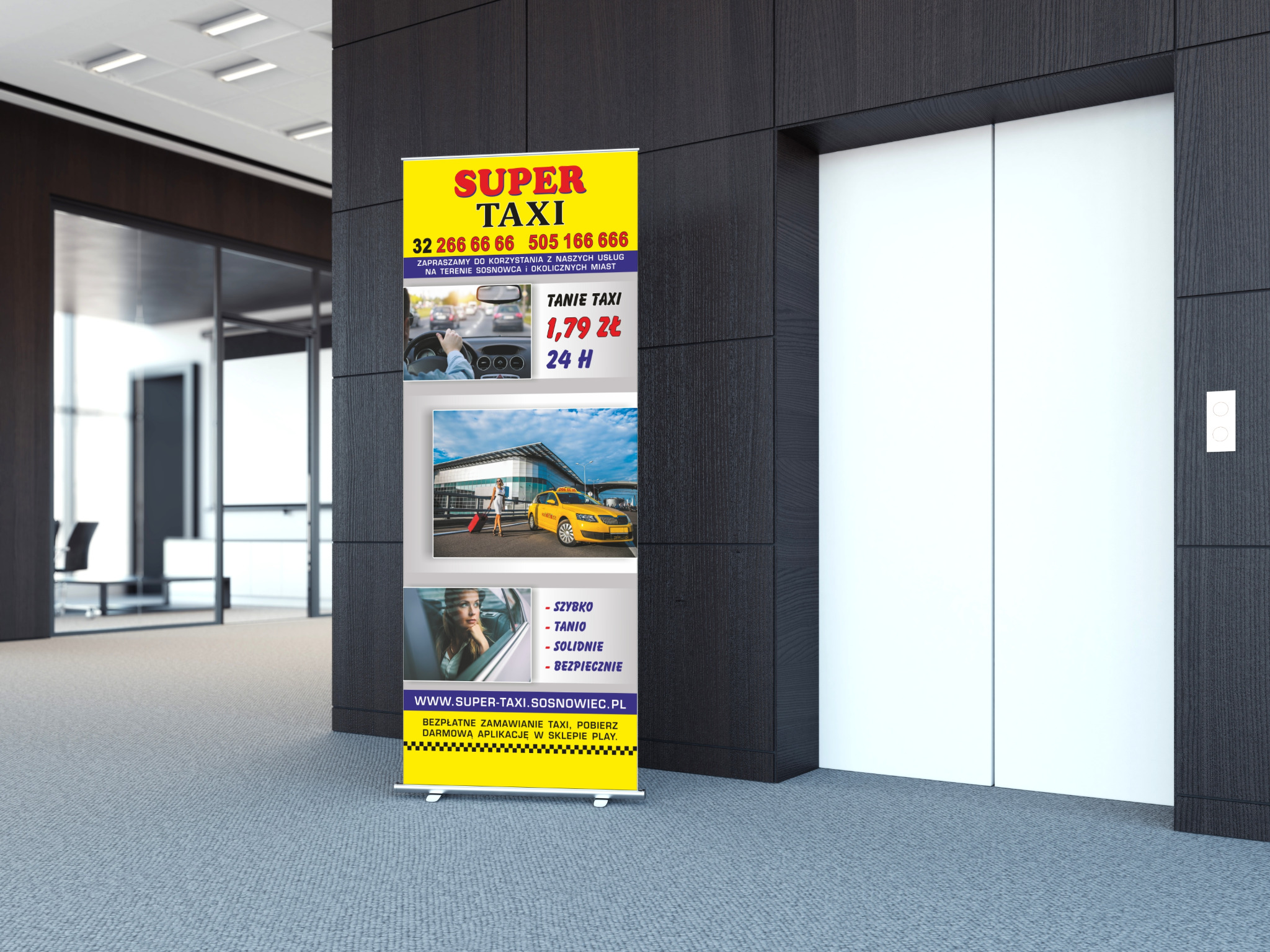 Roll-up reklamowy z ofertą usług taksówkarskich firmy Super Taxi, umieszczony w nowoczesnym biurze obok windy.