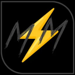 Graficzne logo z żółtą błyskawicą w centrum, otoczoną stylizowanymi, szarymi literami 'M' w formie pociągnięć pędzlem, całość umieszczona na czarnym tle z zaokrągloną ramką.