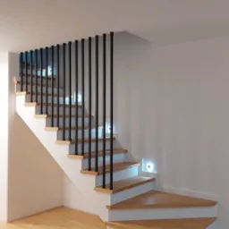 Nowoczesne schody drewniane z białymi stopnicami i czarną, minimalistyczną balustradą z okrągłych prętów, podświetlone punktowymi lampkami LED w ścianie.