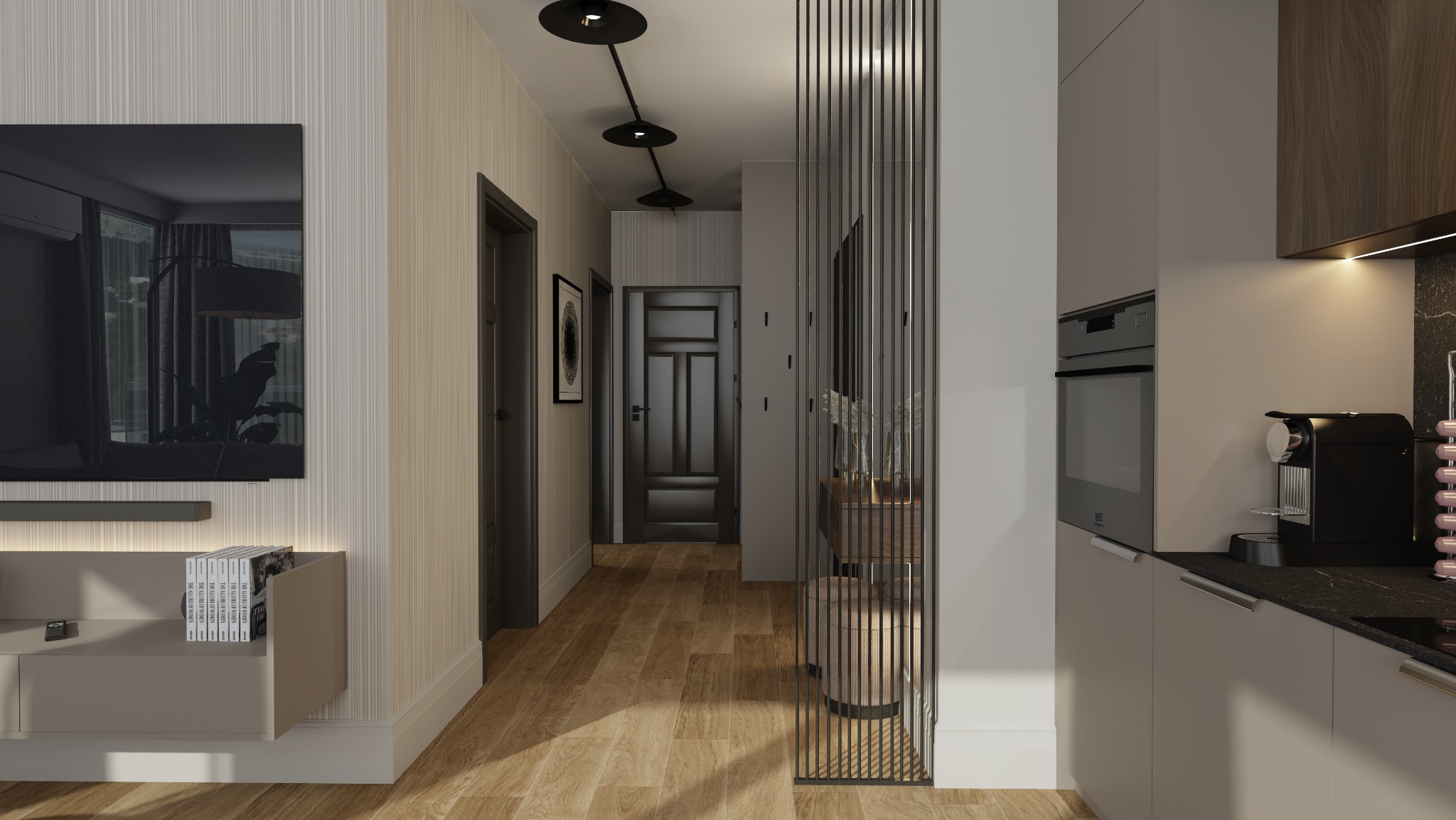 Wnętrze mieszkania z widokiem na korytarz z drewnianą podłogą i czarnymi drzwiami, dekoracyjną ścianką z metalowych prętów, telewizorem na ścianie w salonie oraz fragmentem zabudowy kuchennej...