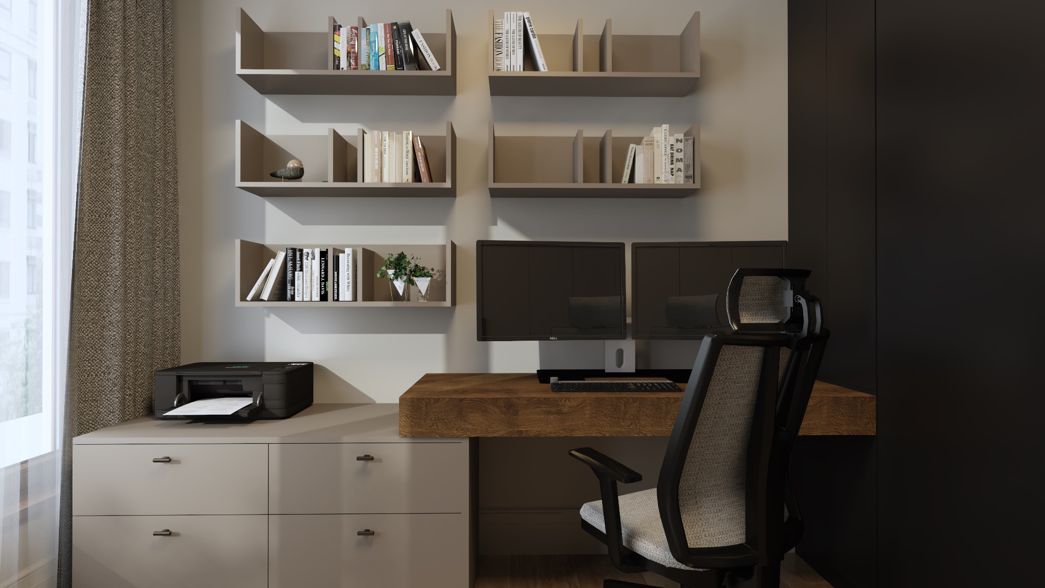 Wizualizacja domowego biura z dwoma monitorami, drewnianym biurkiem, ergonomicznym krzesłem, drukarką i półkami ściennymi z książkami.