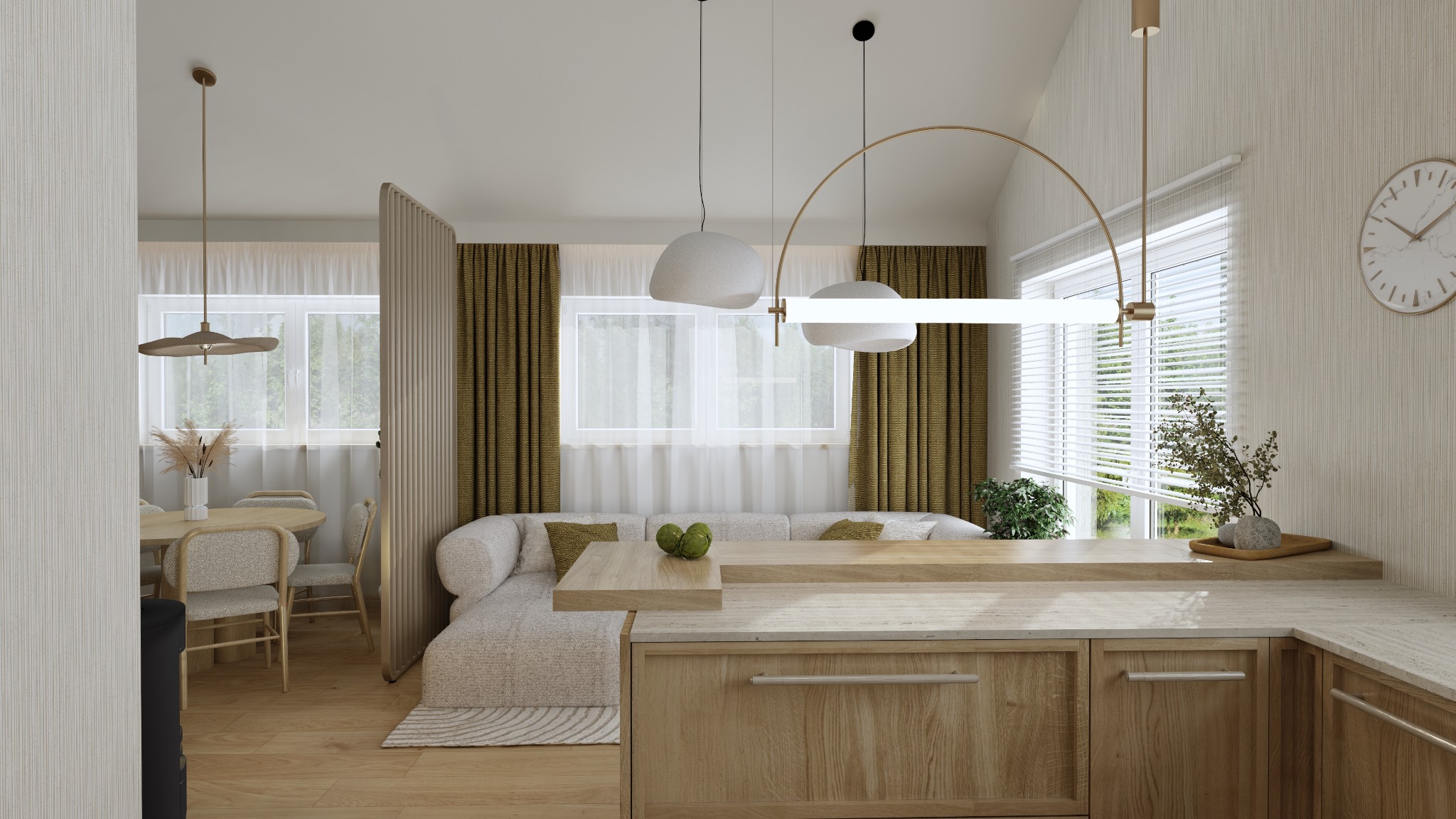 Jasne, przestronne wnętrze: kuchnia z wyspą przechodząca w salon z narożną sofą, okrągły stół z krzesłami w tle, oświetlenie punktowe i wiszące lampy nad wyspą, drewniane elementy wykończeniowe...