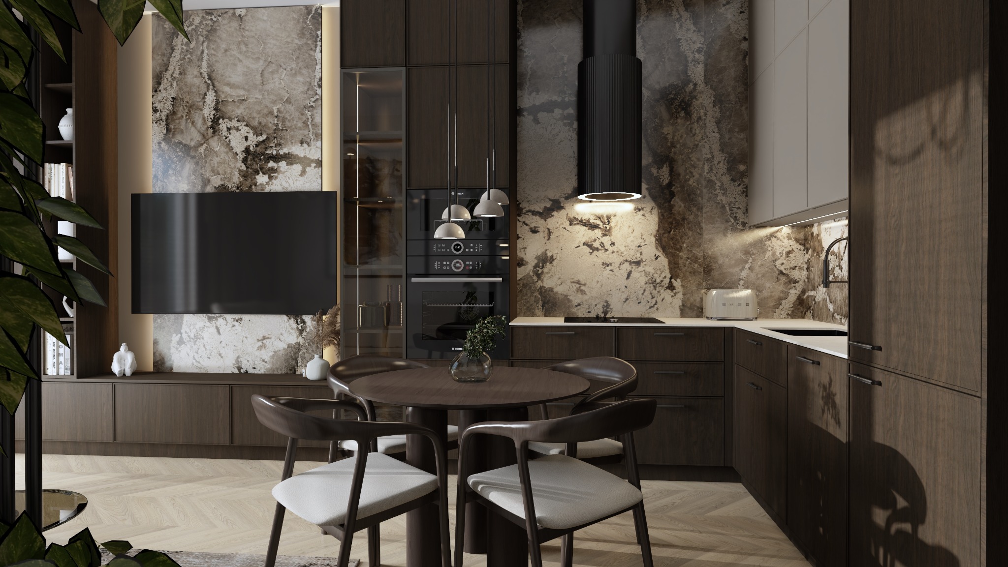 Nowoczesna aranżacja kuchni z jadalnią: ciemne drewno, marmurowe ściany, okrągły stół z krzesłami i minimalistyczne oświetlenie.