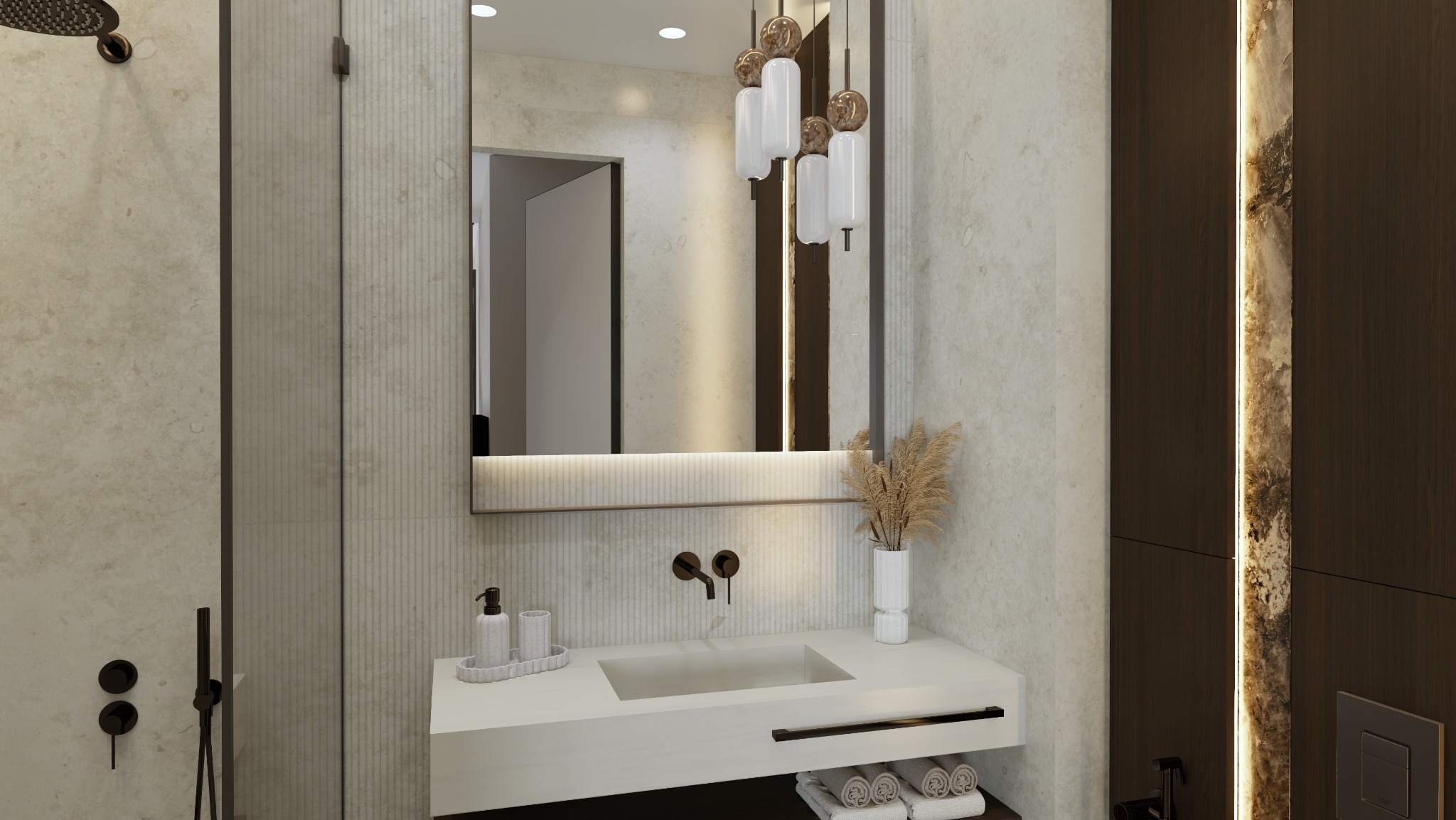 Nowoczesna łazienka z beżowymi płytkami, podświetlanym lustrem i czarną armaturą. Minimalistyczna umywalka z dekoracjami i ręcznikami. Eleganckie oświetlenie.