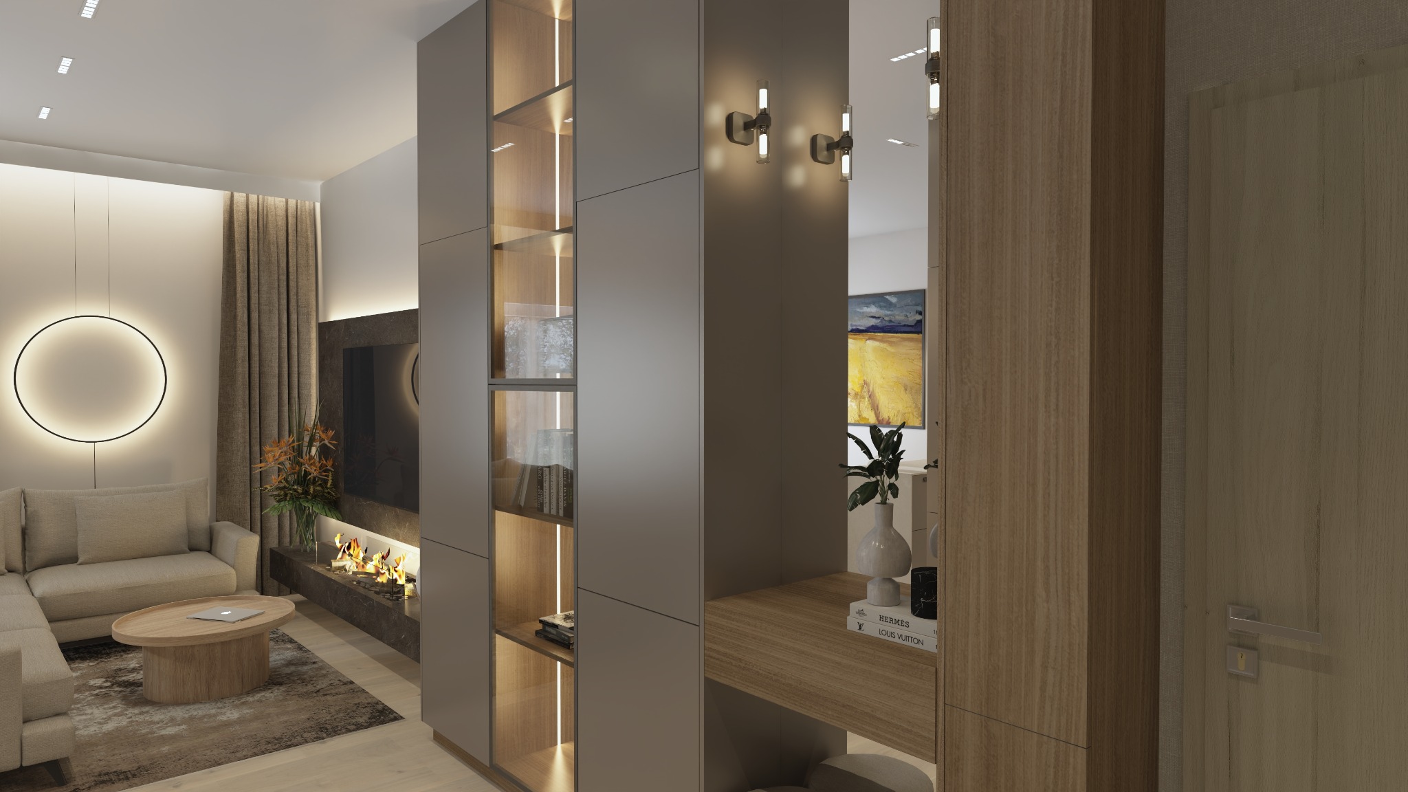 Nowoczesny salon z szarą zabudową regałową z podświetleniem LED, beżową sofą narożną i okrągłym lampionem. Na stole laptop. W tle kominek i telewizor. Designerskie lampy ścienne.