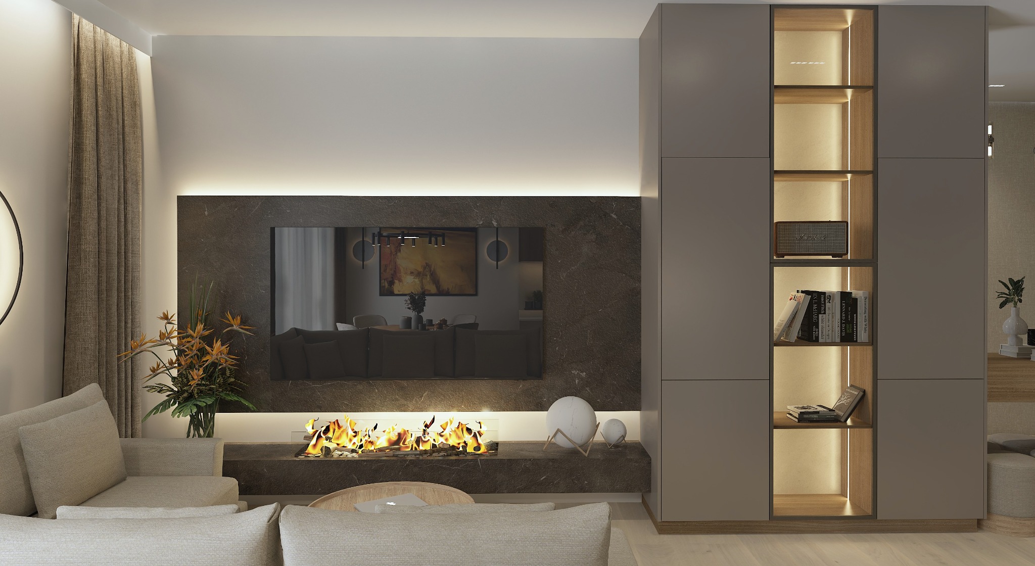Nowoczesny salon z kominkiem pod telewizorem, beżowa sofa i regał z podświetleniem. Widoczne dekoracje i elementy wystroju wnętrza w stonowanej kolorystyce.
