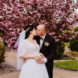 Karolina Berlińska - Pocałunek nowożeńców na tle kwitnącego drzewa wiśni, panna młoda w koronkowej sukni i welonie, pan młody w czarnym garniturze z butonierką.
