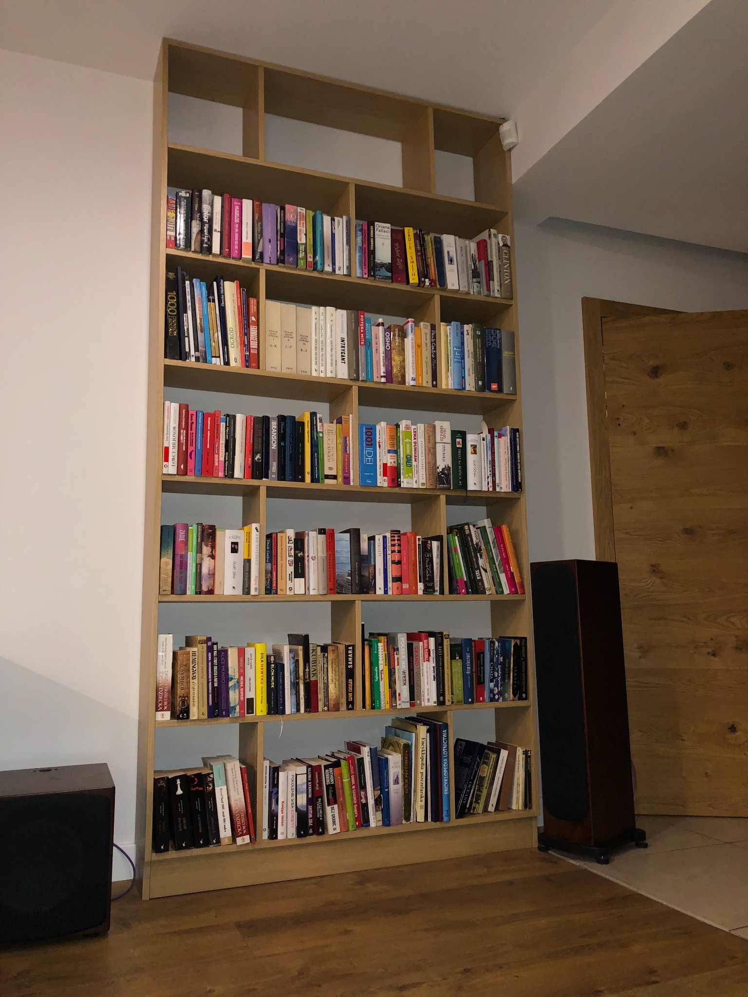 Wysoka, zabudowana szafa wnękowa z jasnego drewna, pełna książek, w salonie, z widocznymi głośnikami po bokach. Półki o różnej wysokości dostosowane do rozmiarów książek.