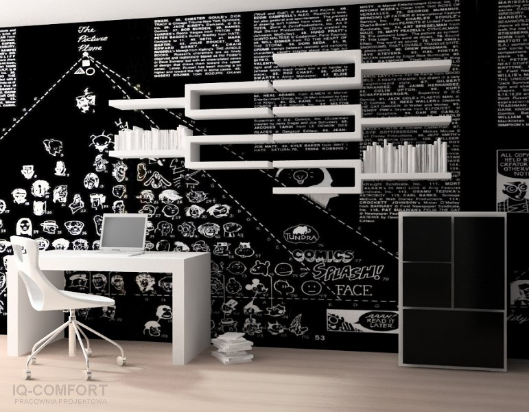 Nowoczesne biuro z białym biurkiem, krzesłem i półkami na tle ściany z komiksowym motywem, laptop na biurku, minimalistyczny styl.