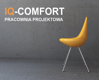 Żółte krzesło o futurystycznym kształcie na srebrnych nogach, na tle szarej ściany z napisem 'IQ-COMFORT PRACOWNIA PROJEKTOWA'.
