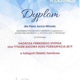 Nagroda I Stopnia oraz tytuł Budowa Roku Podkarpacia 2019 roku -Galeria Stara Ujeżdżalnia w Jarosławiu