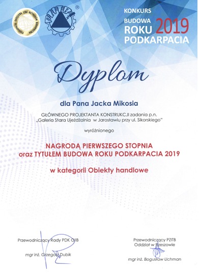 Nagroda I Stopnia oraz tytuł Budowa Roku Podkarpacia 2019 roku -Galeria Stara Ujeżdżalnia w Jarosławiu