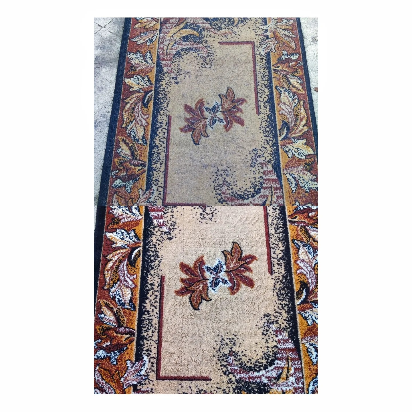 Dywany z beżowym tłem i brązowymi motywami roślinnymi, widoczne różnice w czystości po zabiegu czyszczenia.