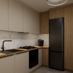 Jotem Studio - Wizualizacja kuchni z beżowymi szafkami, blatem z drewna, marmurowym backsplashiem i czarnym sprzętem AGD marki Beko.