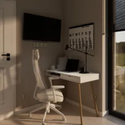 Kącik do pracy z biurkiem, laptopem, kalendarzem i ergonomicznym krzesłem na kółkach, oświetlony promieniami słońca wpadającymi przez okno z żaluzjami.