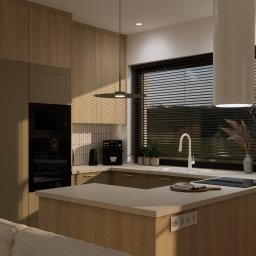 Jotem Studio - Wizualizacja nowoczesnej kuchni z drewnianymi frontami, czarnym sprzętem AGD i wyspą kuchenną z płytą indukcyjną, oświetlona wiszącą lampą i światłem wpadającym przez okno z żaluzjami.