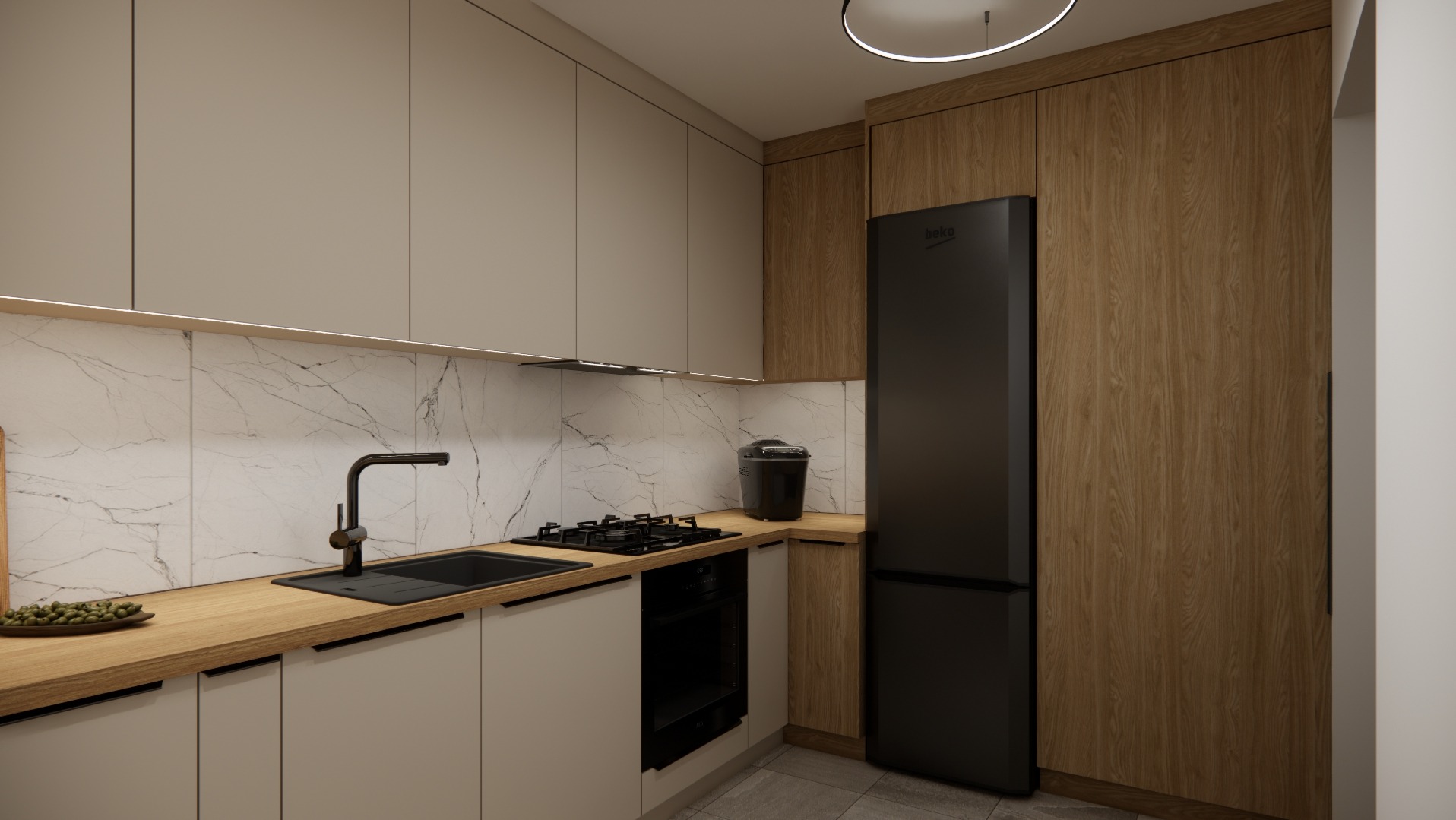Wizualizacja kuchni z beżowymi szafkami, blatem z drewna, marmurowym backsplashiem i czarnym sprzętem AGD marki Beko.
