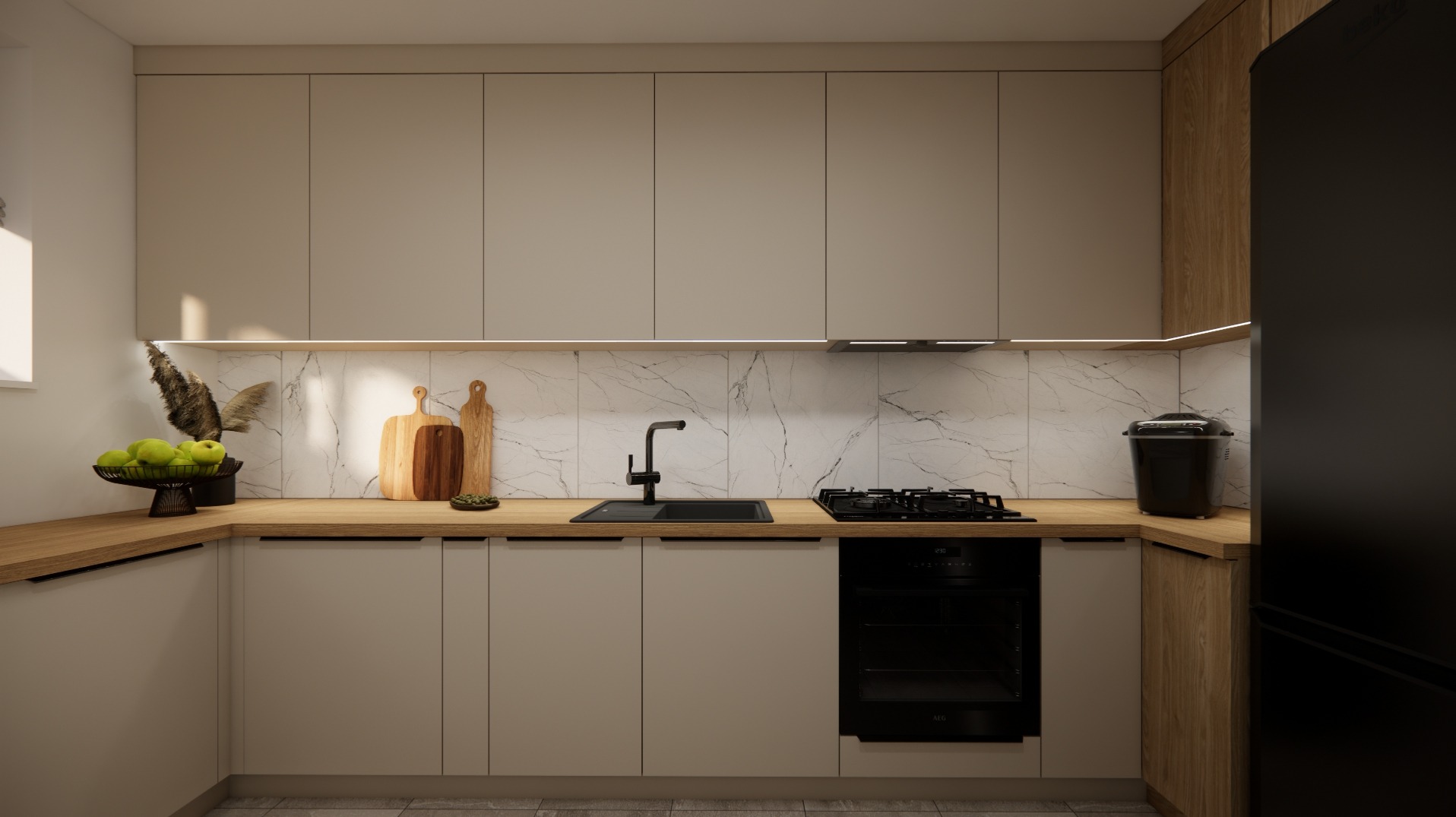 Wizualizacja nowoczesnej kuchni z beżowymi szafkami, drewnianym blatem, marmurowym backsplashiem i czarną armaturą, oświetlona listwą LED pod szafkami wiszącymi.