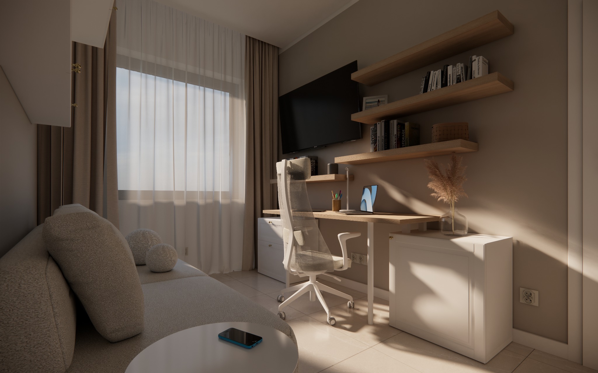 Wizualizacja pokoju z miejscem do pracy w Golczewie: beżowa sofa, biurko z laptopem i krzesłem obrotowym, półki z książkami nad telewizorem.