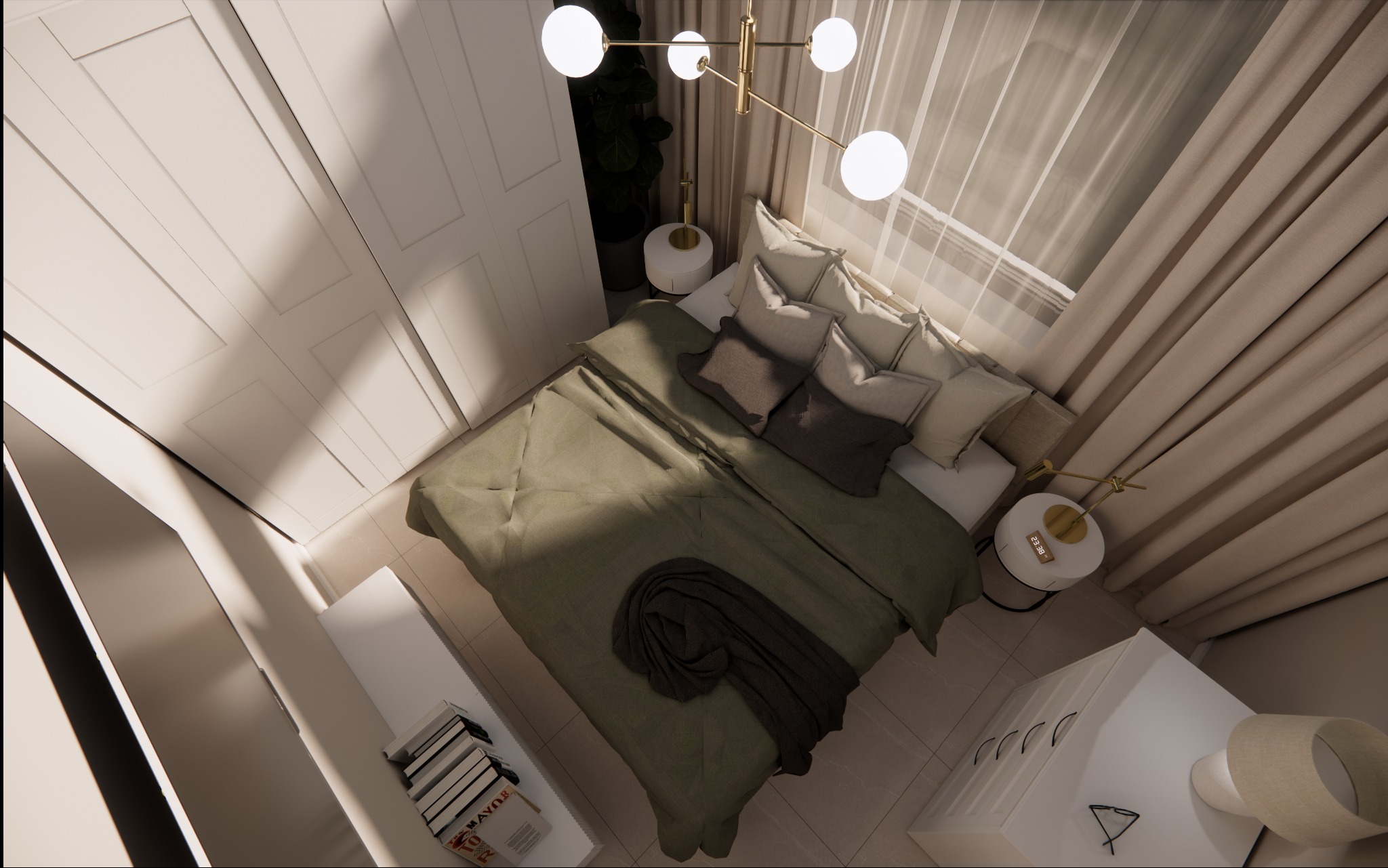 Wizualizacja sypialni z góry: łóżko z oliwkową pościelą, białe szafki nocne z lampkami, duża szafa i okno z beżowymi zasłonami.