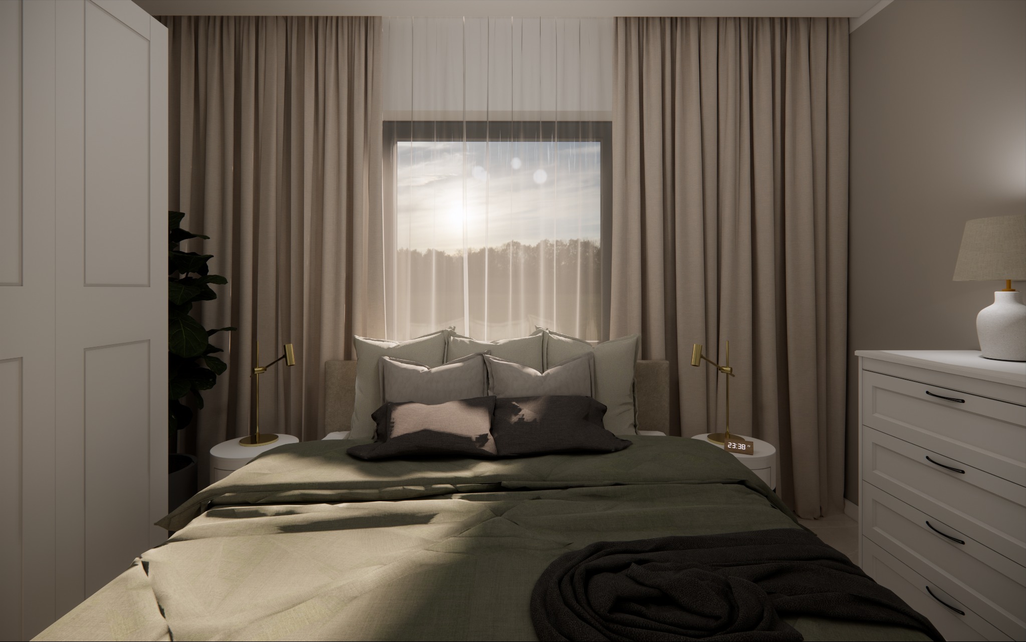 Neutralna sypialnia z zasłonami w kolorze taupe, łóżkiem z zieloną pościelą i białymi szafkami nocnymi z lampkami oraz komodą z lampą.