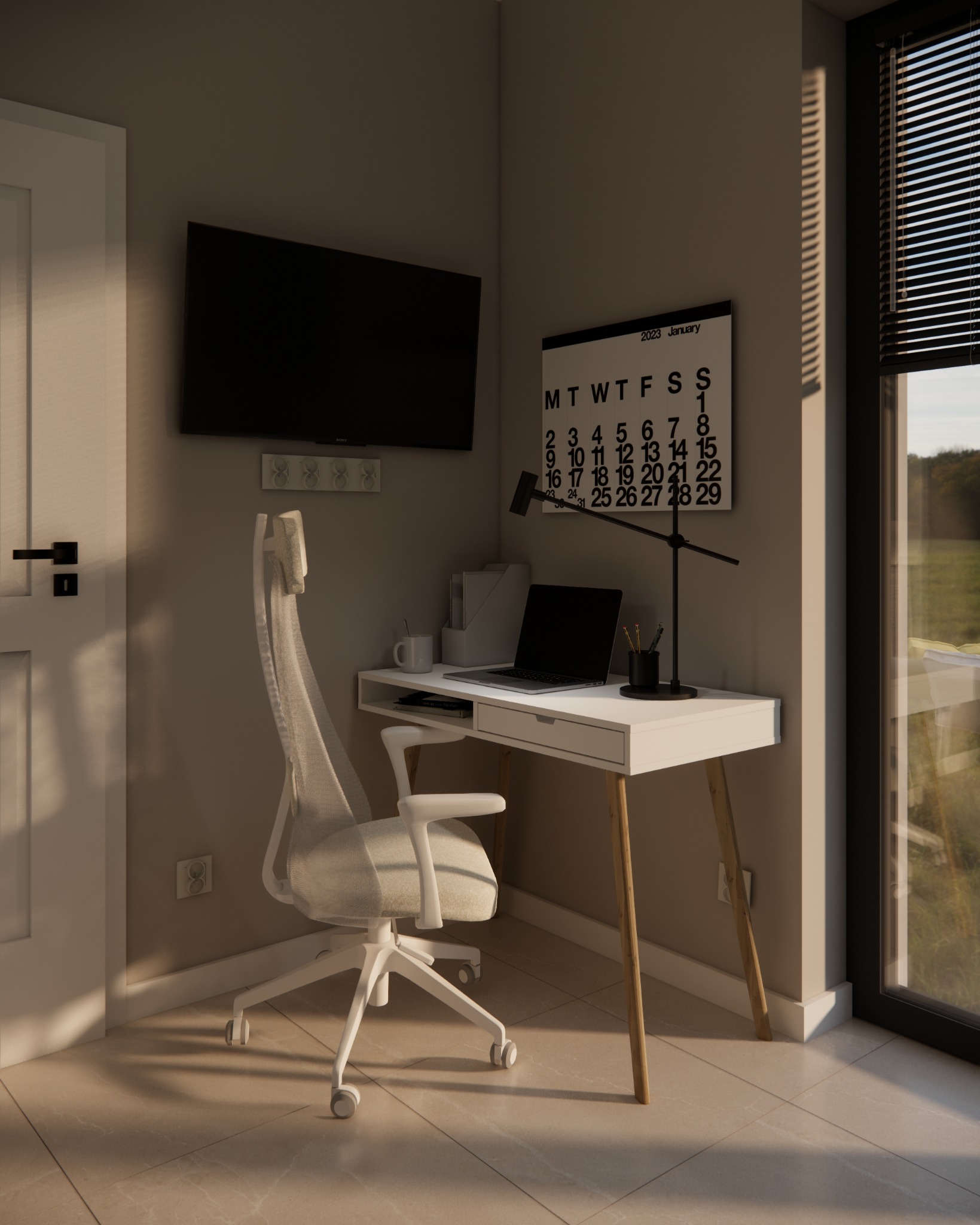 Kącik do pracy z biurkiem, laptopem, kalendarzem i ergonomicznym krzesłem na kółkach, oświetlony promieniami słońca wpadającymi przez okno z żaluzjami.