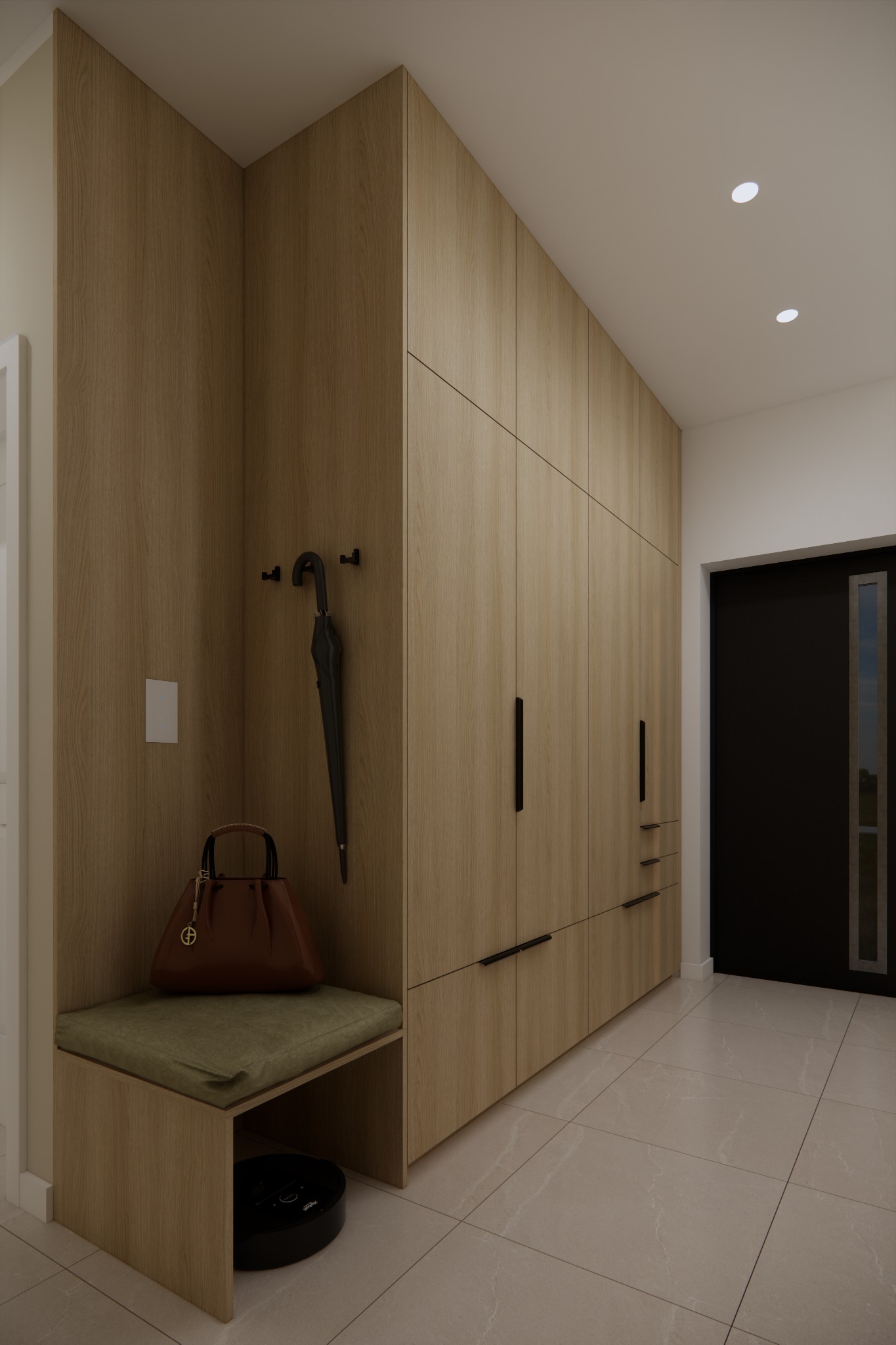 Wnętrze przedpokoju z zabudową meblową z drewna, wnęką z siedziskiem, parasolem na wieszaku i torebką na siedzisku, oraz robotem sprzątającym pod spodem.