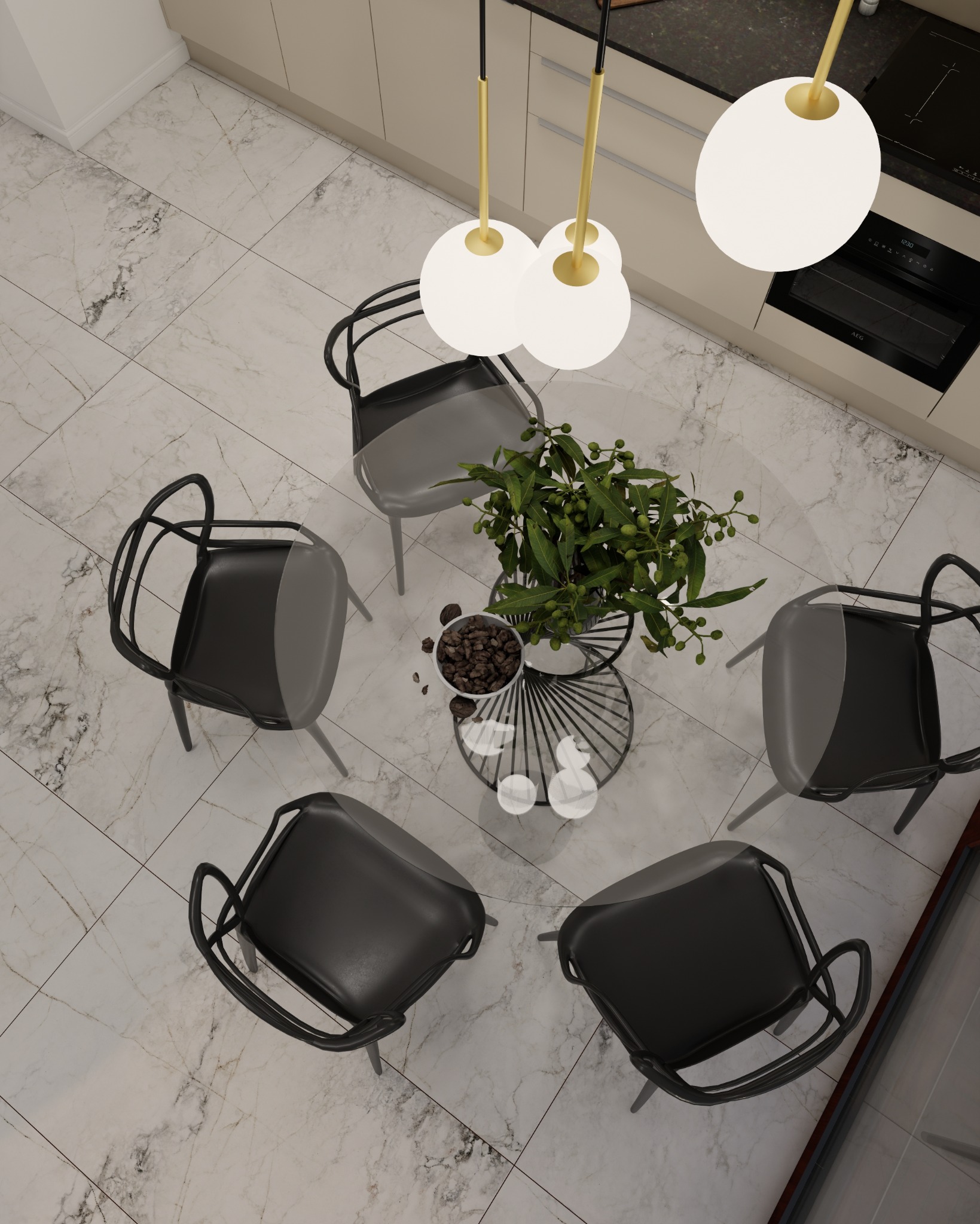 Widok z góry na aranżację jadalni z okrągłym szklanym stołem, czarnymi krzesłami o metalowej konstrukcji, marmurową podłogą i potrójną lampą wiszącą z białymi kulami.