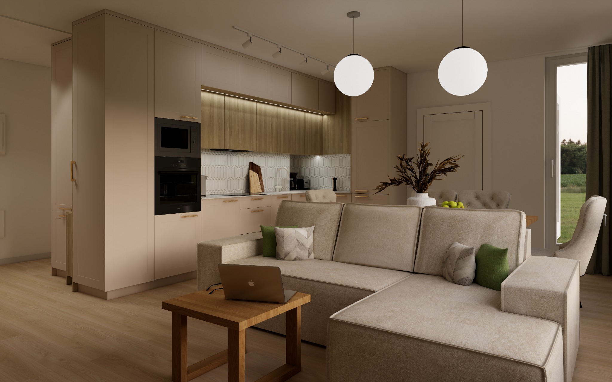 Jasna kuchnia otwarta na salon z narożną sofą, drewnianym stolikiem kawowym z laptopem i okrągłymi lampami wiszącymi nad stołem jadalnym.