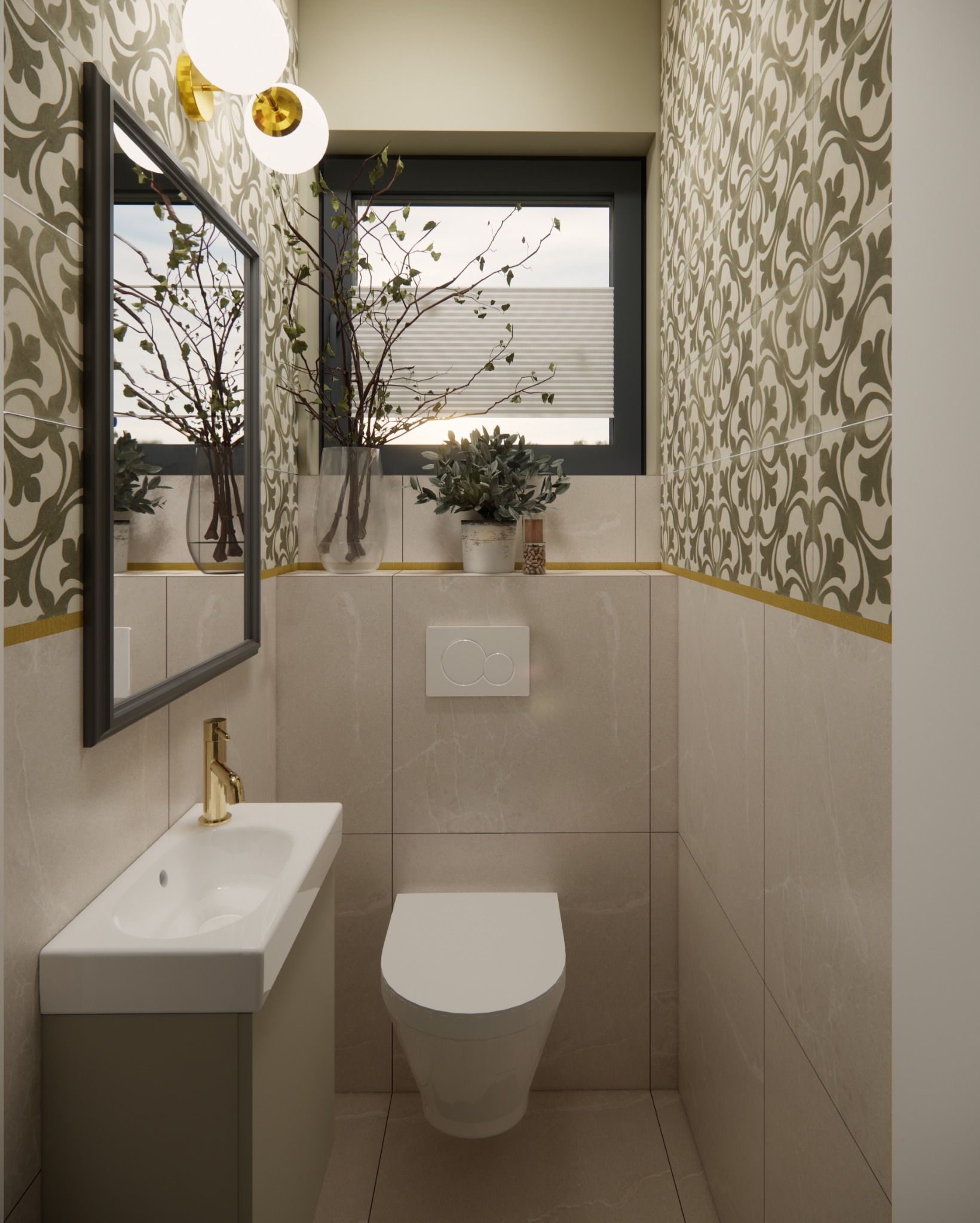 Kompaktowa łazienka z beżowymi płytkami, wzorzystą tapetą i złotymi akcentami, wisząca toaleta, umywalka z szafką, lustro w czarnej ramie i dekoracyjne gałązki w wazonie.