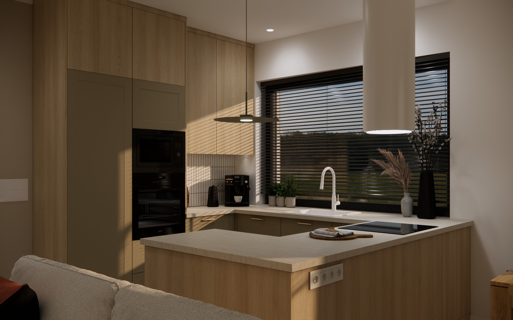 Wizualizacja nowoczesnej kuchni z drewnianymi frontami, czarnym sprzętem AGD i wyspą kuchenną z płytą indukcyjną, oświetlona wiszącą lampą i światłem wpadającym przez okno z żaluzjami.