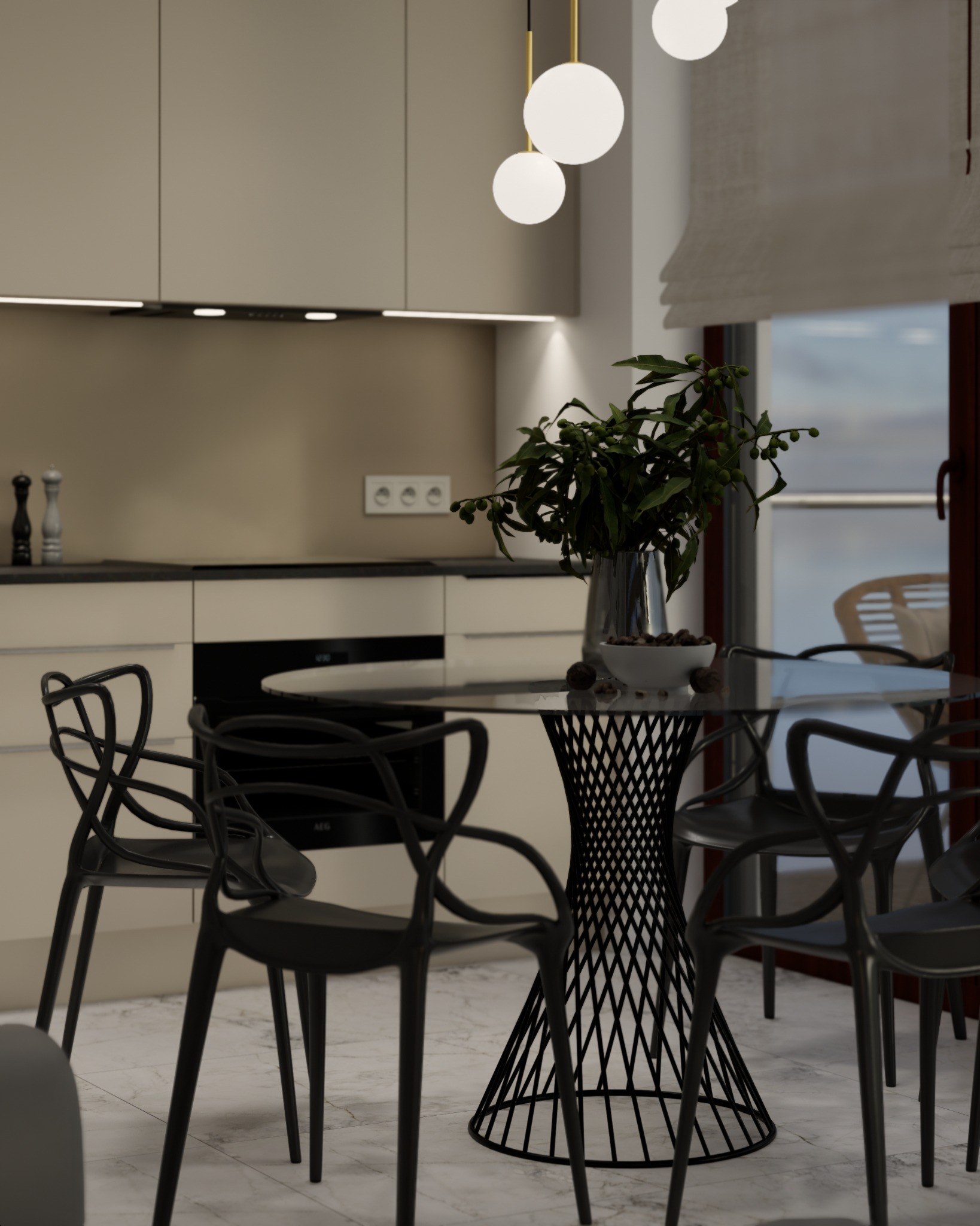 Beżowa kuchnia z okrągłym stołem z czarnymi krzesłami i dekoracyjną rośliną w wazonie na blacie, oświetlona wiszącymi lampami kulami.