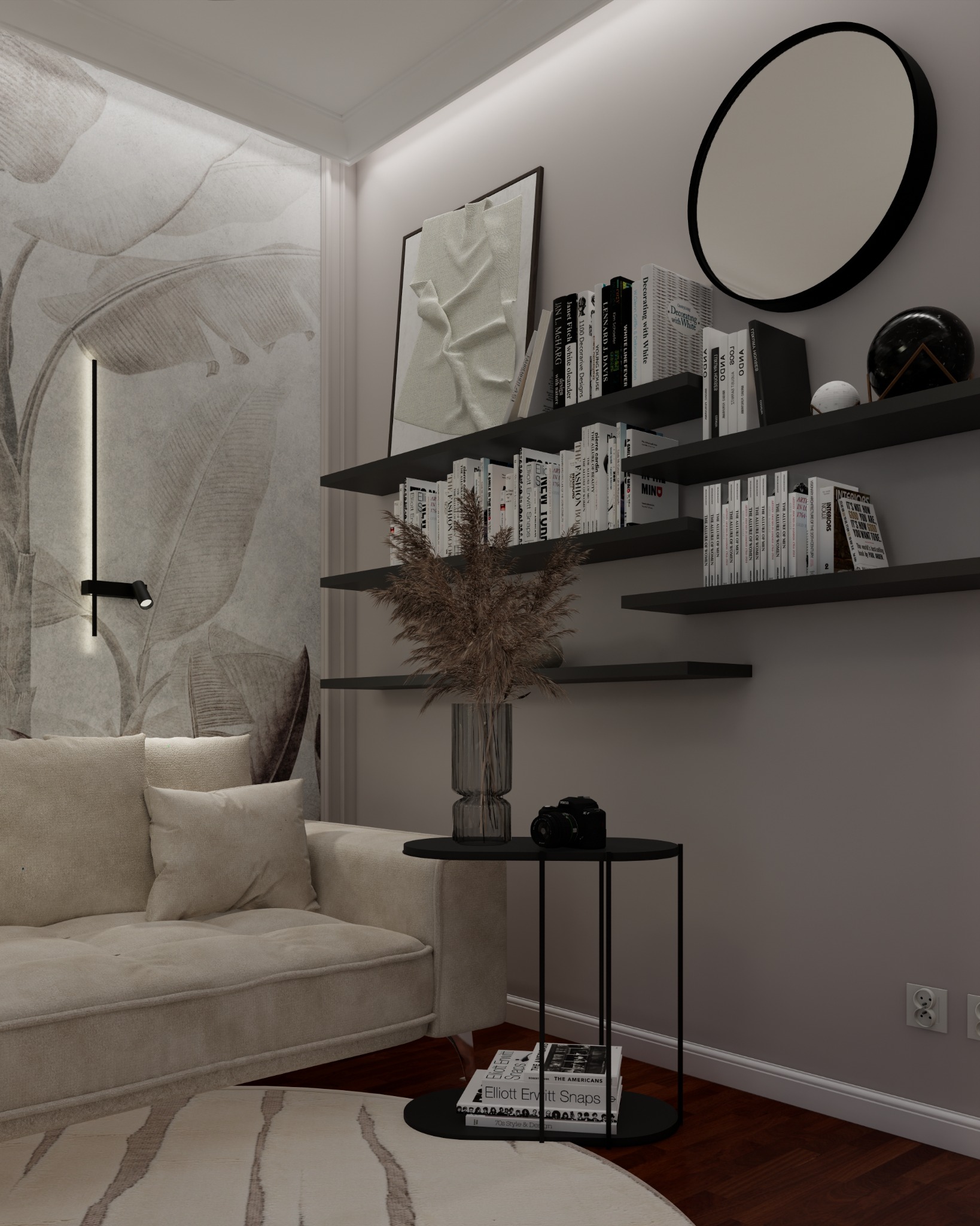 Beżowa sofa z poduszkami, okrągły dywan, stolik kawowy z wazonem z suszonymi trawami i aparatem, półki z książkami, okrągłe lustro i grafika na ścianie z motywem roślinnym.