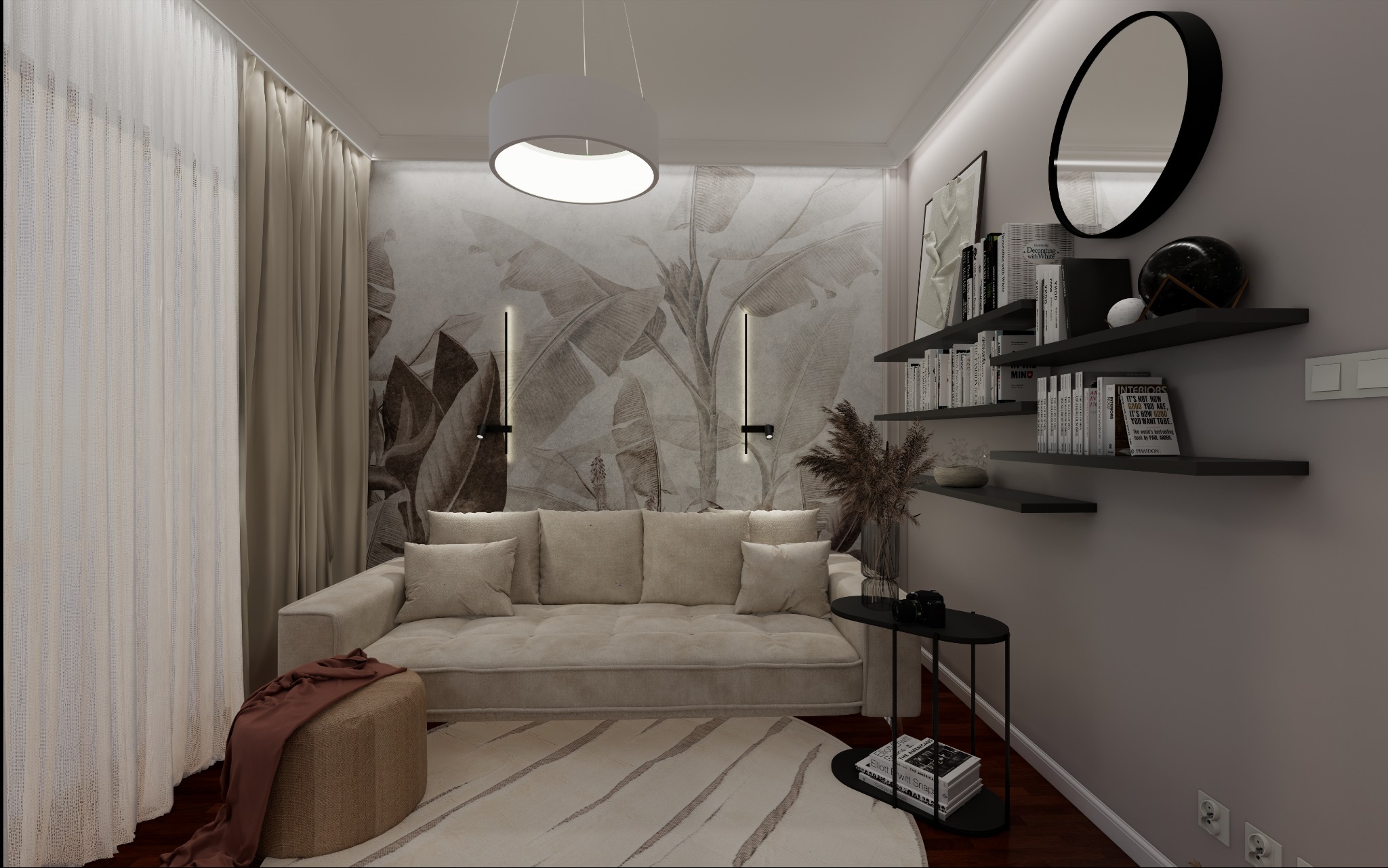 Jasny salon z beżową sofą, okrągłym lustrem i półkami na książki, tapeta z motywem liści bananowca, oświetlenie punktowe i duża lampa sufitowa.